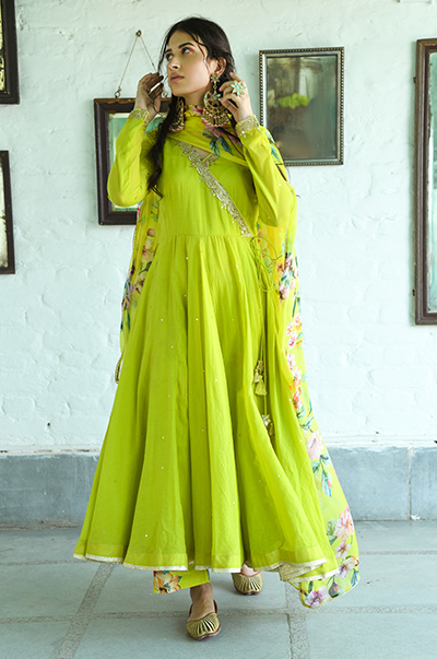 Bhanvara Neon Green Anarkali with printed palazzo and dupatta- Set of ...