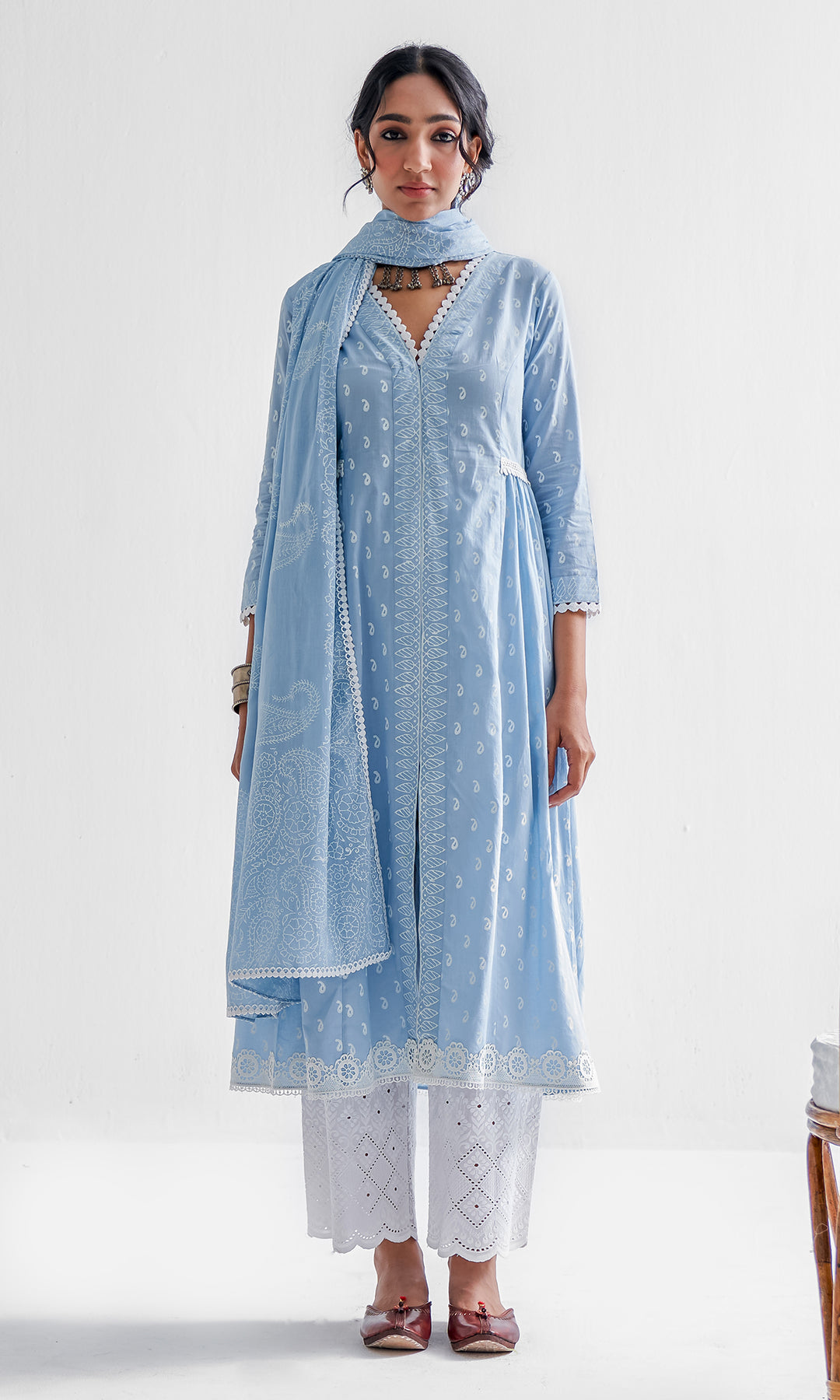Firdaus Khari Powder Blue Block Printed Suit - Set of 3 – Ridhiiee Suuri