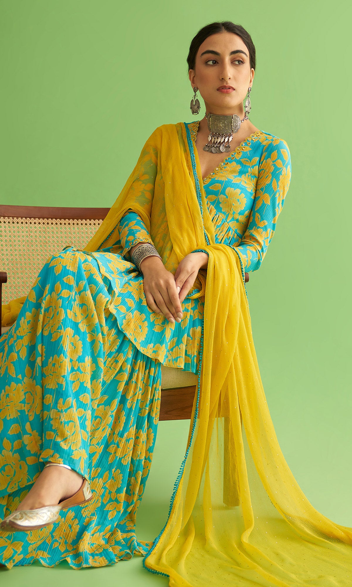 Soraya Floral Turquoise Sharara Set Of 3 – Ridhiiee Suuri