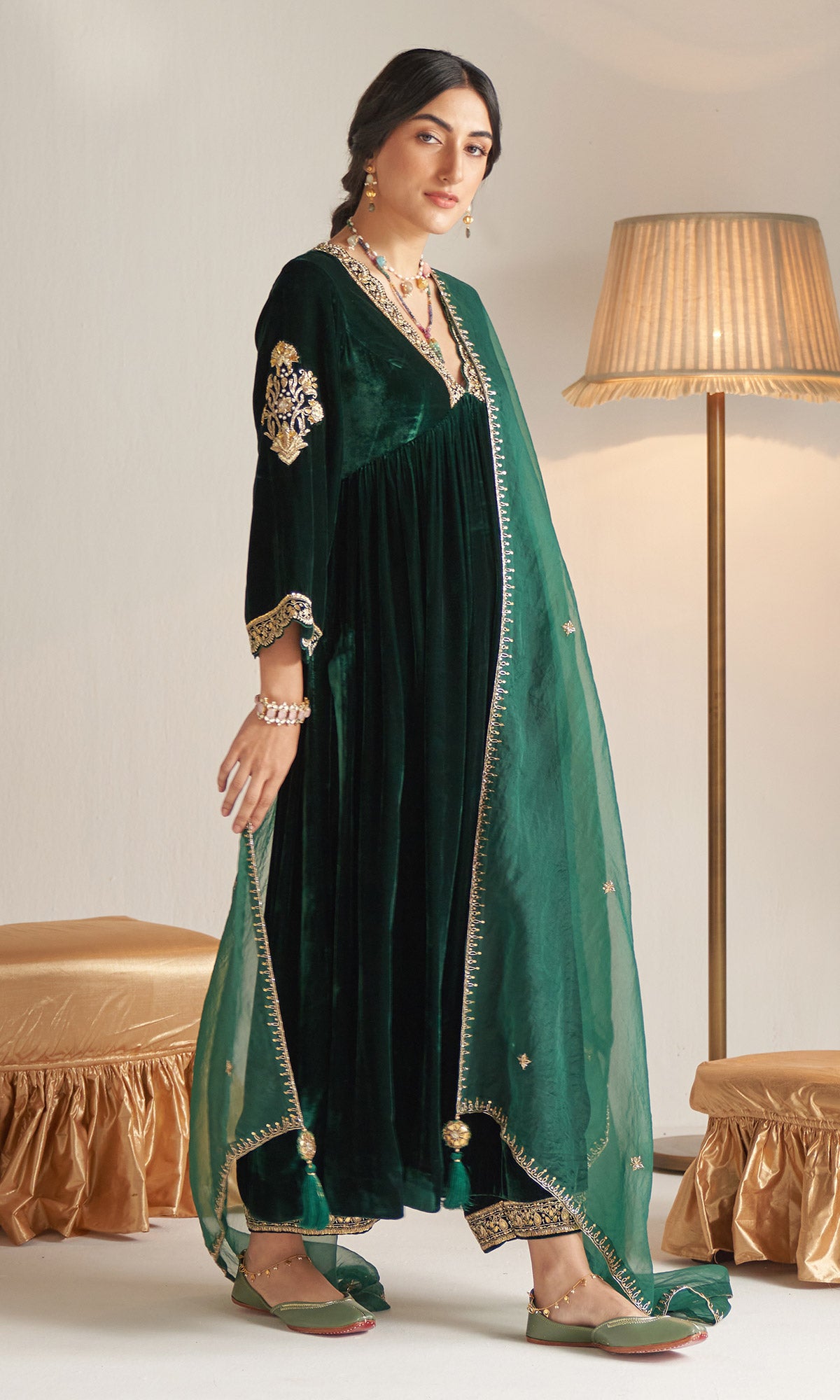 Khizaan Embroidered Emerald Green V Neck velvet Anarkali set with orga ...